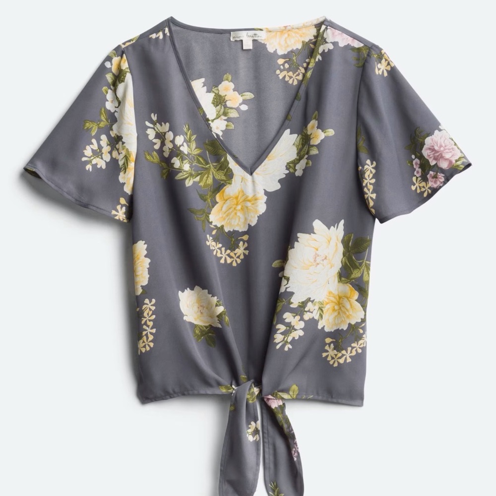 Nine Britton Gray Floral Tie-Front Blouse
